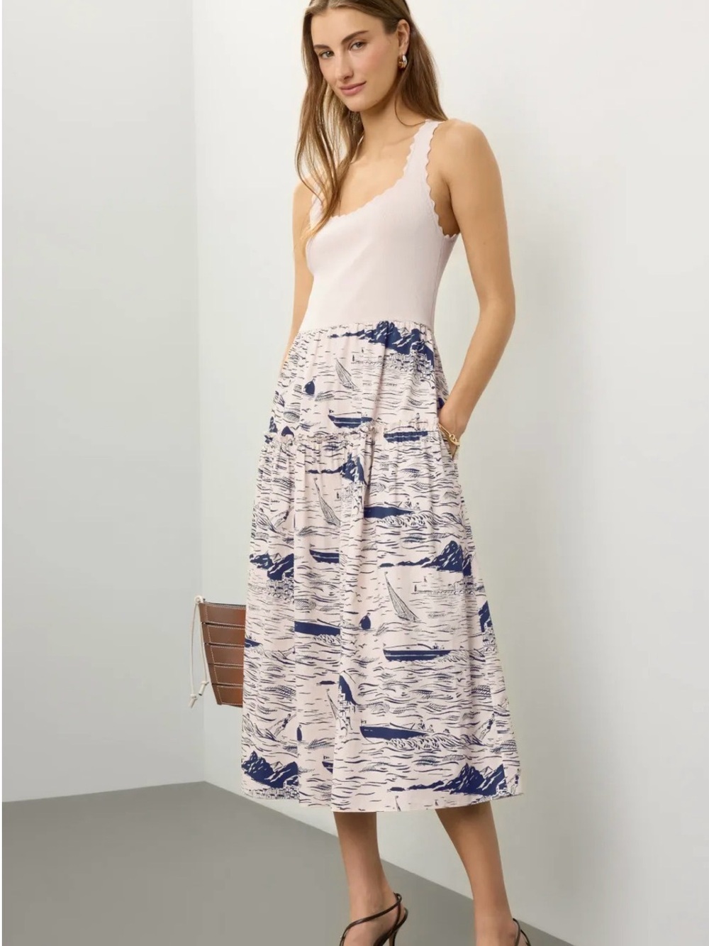 L.K. Bennet Crosby Nautical Print Midi Dress Scallop Knit Tank with Cotton Skirt